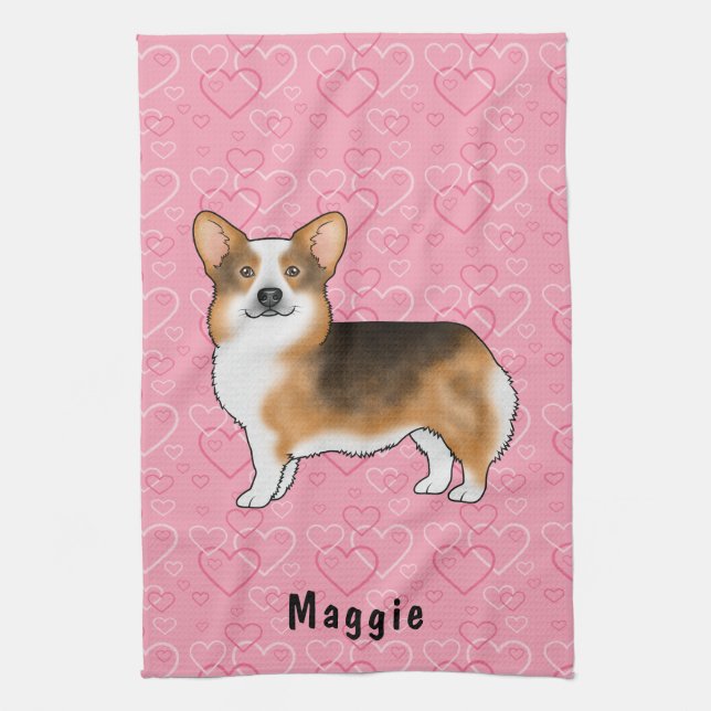Red Headed Tri Pembroke Welsh Corgi Hearts & Name Tea Towel (Vertical)