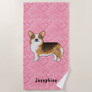 Red Headed Tri Pembroke Welsh Corgi Pink Hearts Beach Towel