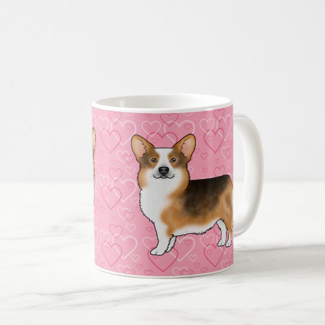 Red Headed Tri Pembroke Welsh Corgi Pink Hearts Coffee Mug (Front Right)