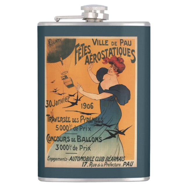 Red-Headed Woman Awaits Balloons Birds Poster Hip Flask (Front)