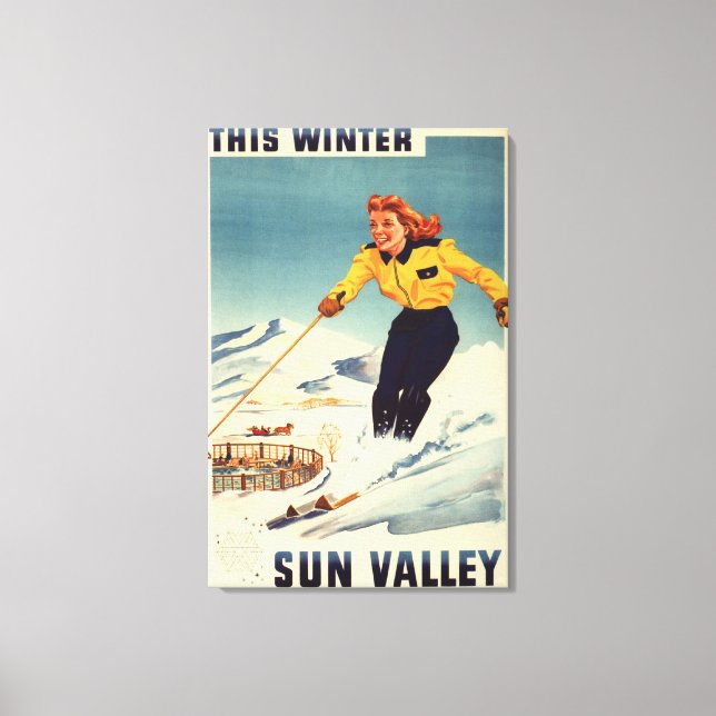 Red-headed Woman Smiling and Skiing Poster Canvas Print (Front)