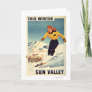 Red-headed Woman Smiling and Skiing Poster Card