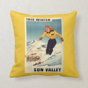 Red-headed Woman Smiling and Skiing Poster Cushion