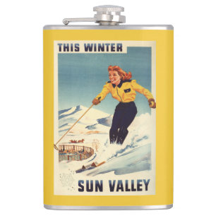 Red-headed Woman Smiling and Skiing Poster Hip Flask