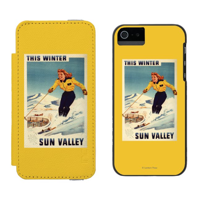 Red-headed Woman Smiling and Skiing Poster Incipio iPhone Wallet Case (Side by Side)