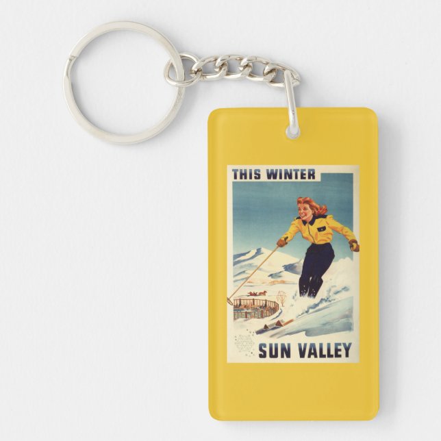 Red-headed Woman Smiling and Skiing Poster Key Ring (Front)