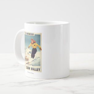 Red-headed Woman Smiling and Skiing Poster Large Coffee Mug