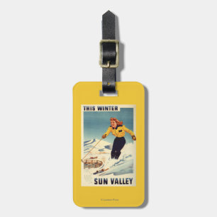 Red-headed Woman Smiling and Skiing Poster Luggage Tag