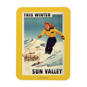 Red-headed Woman Smiling and Skiing Poster Magnet