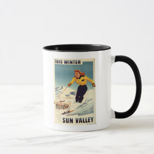Red-headed Woman Smiling and Skiing Poster Mug