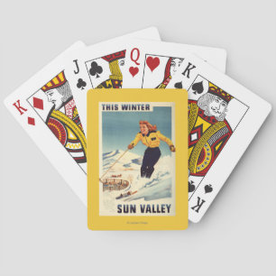 Red-headed Woman Smiling and Skiing Poster Playing Cards