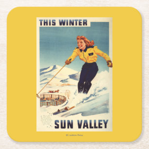 Red-headed Woman Smiling and Skiing Poster Square Paper Coaster