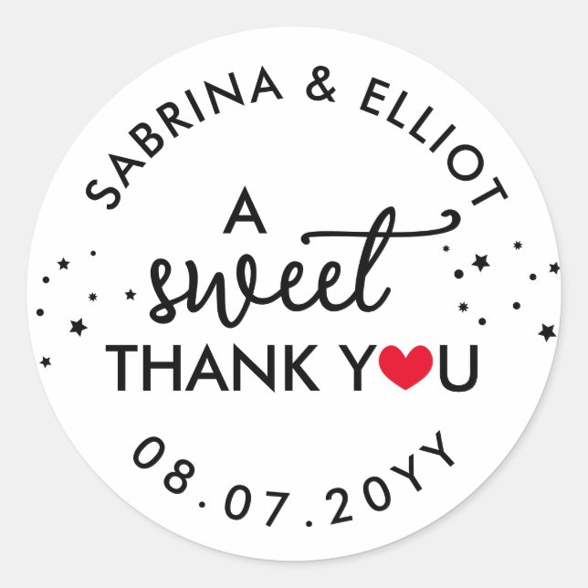Red Heart A Sweet Thank You Wedding Favour Classic Round Sticker (Front)