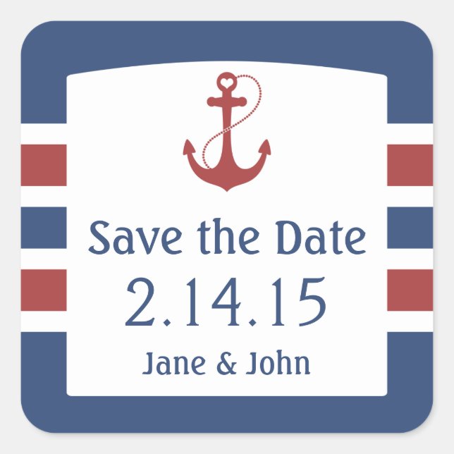 Red Heart Anchor Nautical Save the Date Square Sticker (Front)