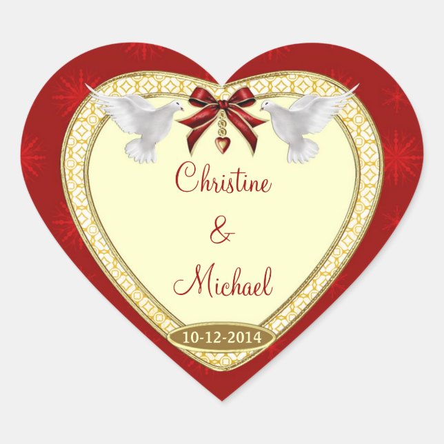 Red Heart and Doves Custom Wedding Stickers (Front)