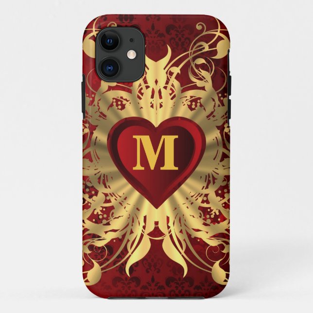 Red heart and gold pattern monogrammed Case-Mate iPhone case (Back)