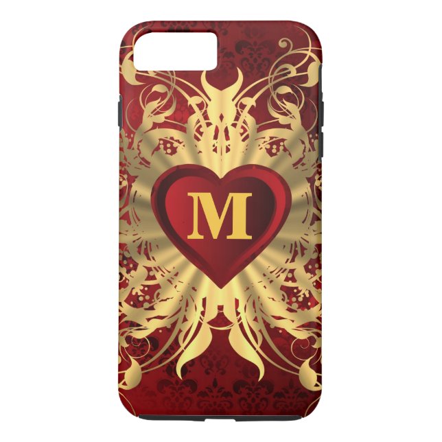 Red heart and gold pattern monogrammed Case-Mate iPhone case (Back)