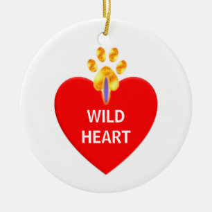 Red heart and golden paw on white Christmas Ceramic Tree Decoration