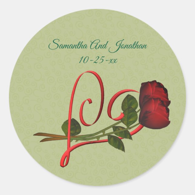 Red Heart And Roses Personalised Wedding  Classic Round Sticker (Front)