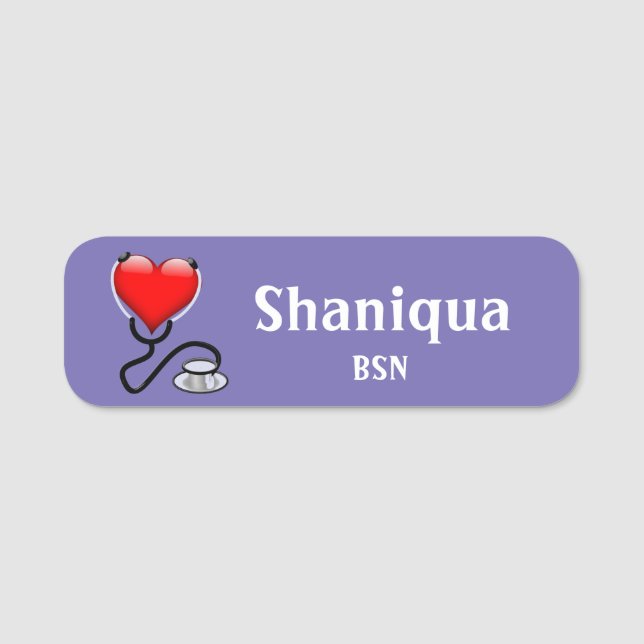 Red Heart and Stethoscope Medical Purple  Name Tag (Front)