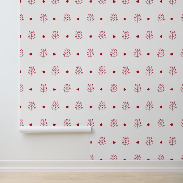 Red Heart And Tree Seamless Pattern Peel And Stick Wallpaper (Application)