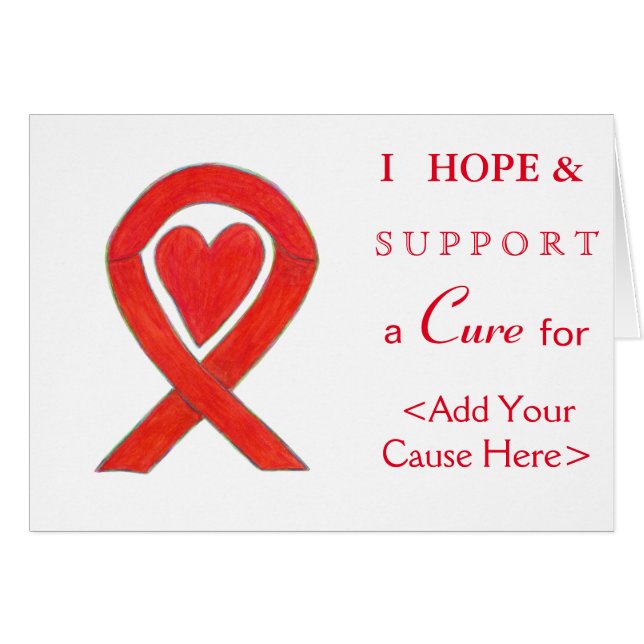 Red Heart Awareness Ribbon Custom Cause Note Cards (Front Horizontal)
