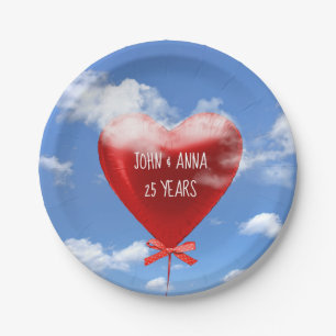 Red heart balloon in clouds for 25th anniversary paper plate