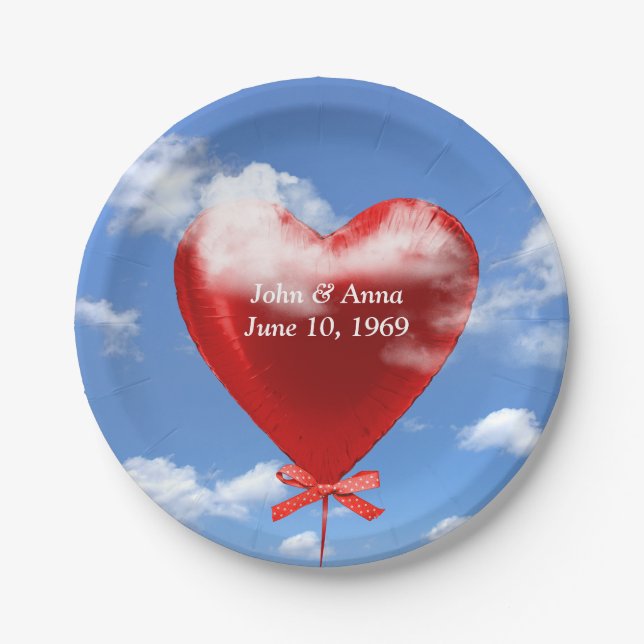 Red heart balloon in clouds for anniversary paper plate (Front)