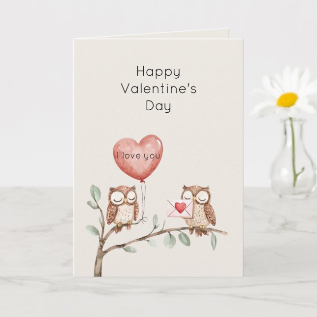 Red Heart Balloon Owls Tree Valentine's Day Card (Small Plant)