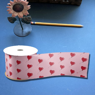 Red Heart Balloon Pattern Pink Ribbon  Satin Ribbon