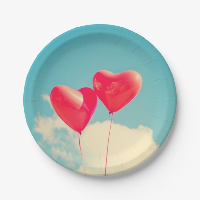 Red Heart Balloons Against Cloudy Sky Paper Plate (Front)
