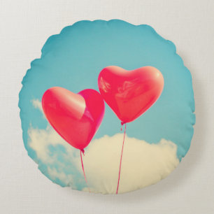 Red Heart Balloons Against Cloudy Sky Round Cushion
