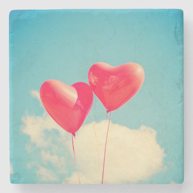 Red Heart Balloons Against Cloudy Sky Stone Coaster (Front)