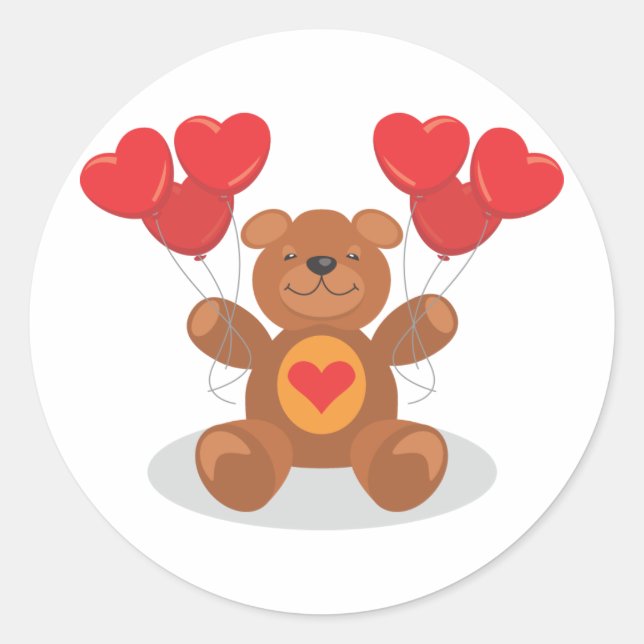 Red Heart Balloons Love Bear Valentine's Day Classic Round Sticker (Front)