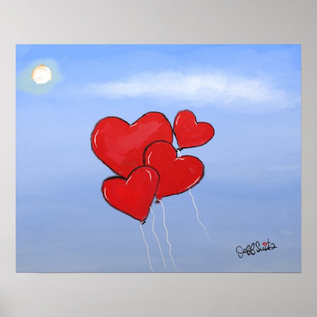 Red Heart Balloons Love is in the air original art Poster (Front)