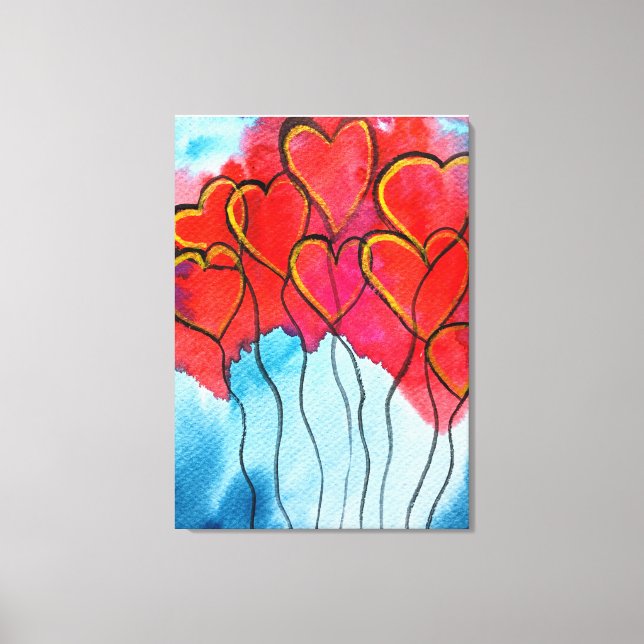 Red heart balloons Valentine watercolor Canvas Print (Front)