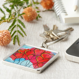 Red heart balloons Valentine watercolor Key Ring