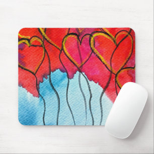 Red heart balloons Valentine watercolor Mouse Mat