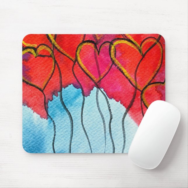 Red heart balloons Valentine watercolor Mouse Mat (With Mouse)