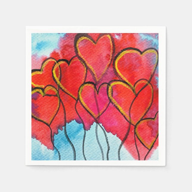 Red heart balloons Valentine watercolor Napkin (Front)