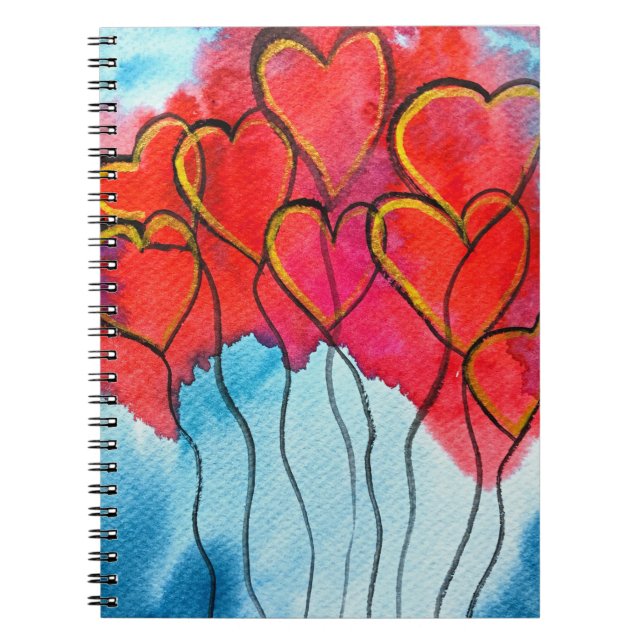 Red heart balloons Valentine watercolor Notebook (Front)