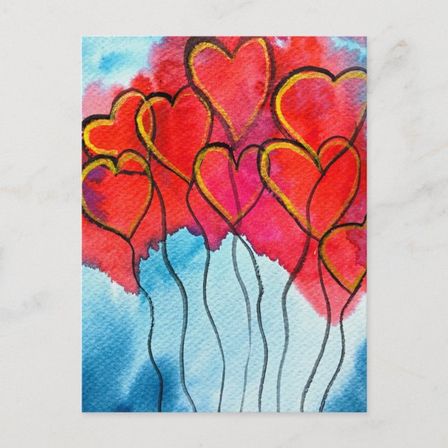 Red heart balloons Valentine watercolor Postcard (Front)