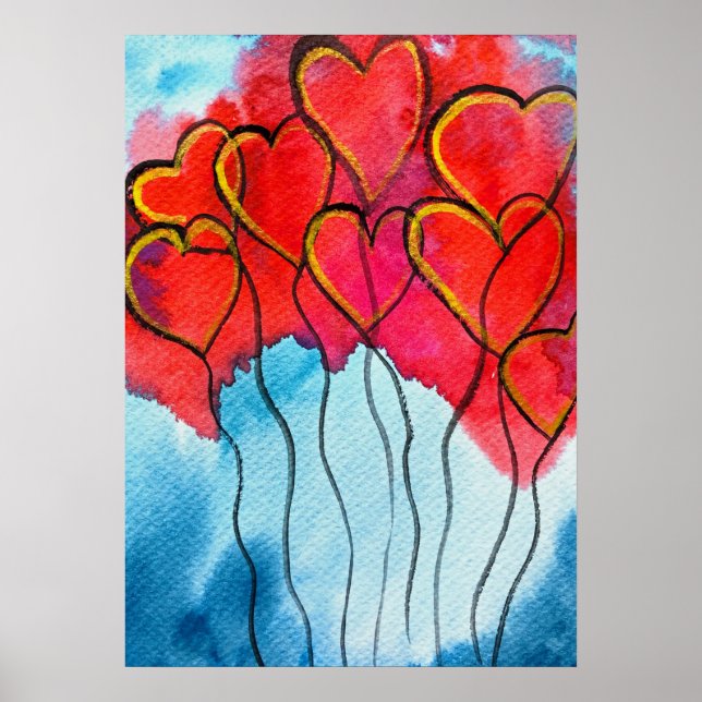 Red heart balloons Valentine watercolor Poster (Front)