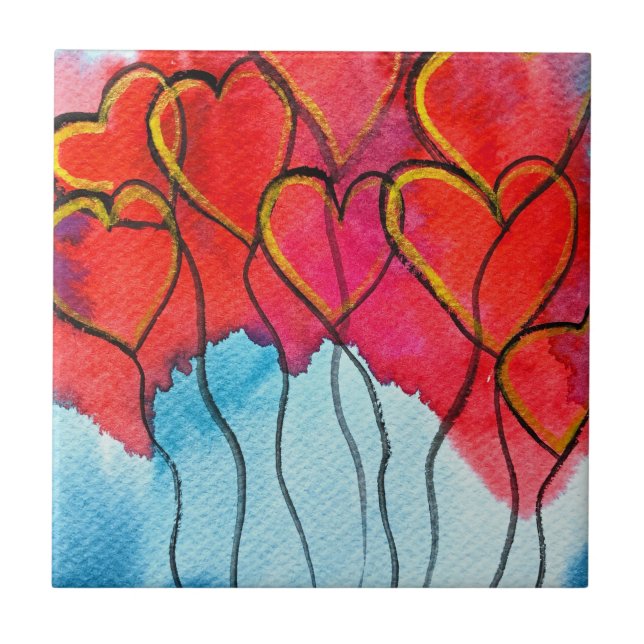 Red heart balloons Valentine watercolor Tile (Front)