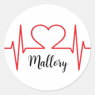 Red Heart Beat EKG Classic Round Sticker