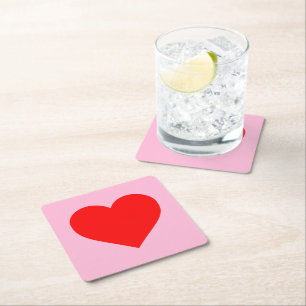 Red Heart Beat Pastel Pink Square Paper Coaster