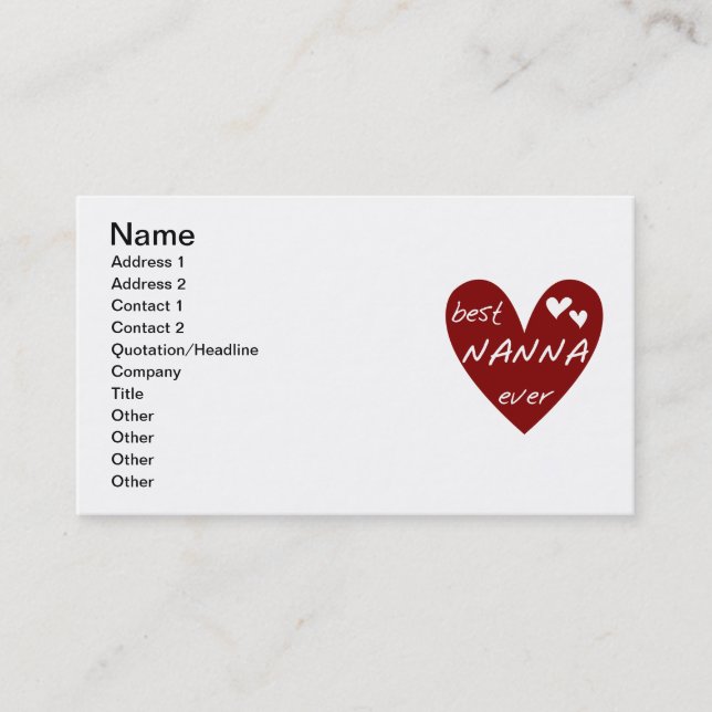 Red Heart Best Nanna Ever t-shirts and Gifts Business Card (Front)