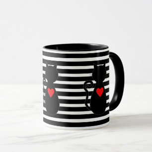 Red Heart & Black Cat on Black & White Striped Mug