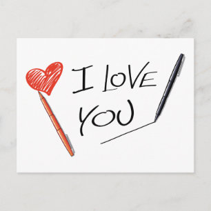 Red Heart Black I love You Pen Wedding Engagement Announcement Postcard