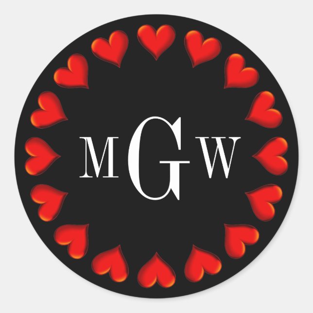 Red Heart Black Monogram Envelope Seals Favour Tag (Front)